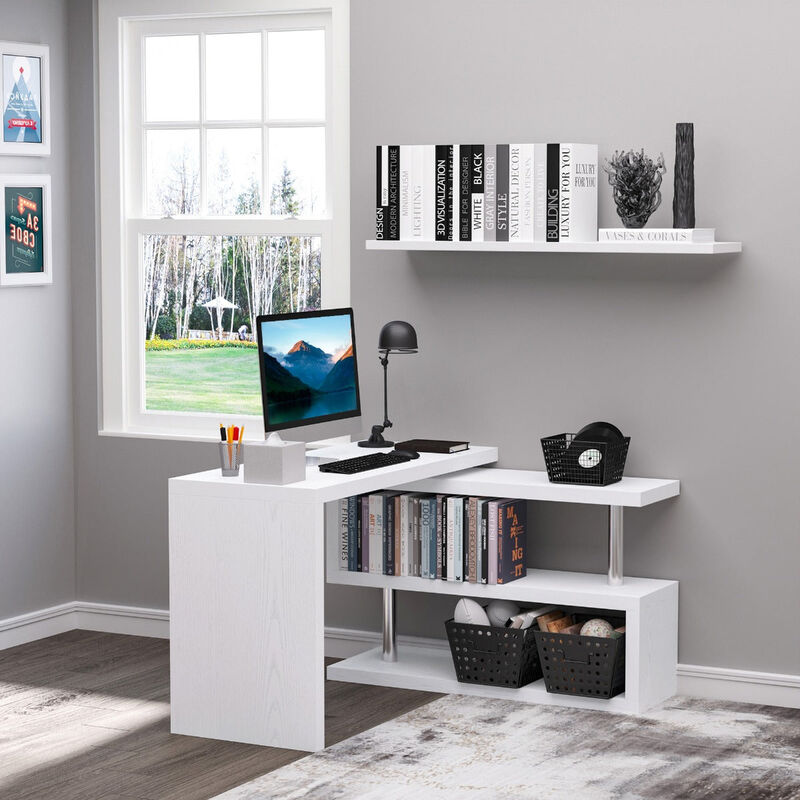 White Corner Workstation: L-Shaped Desk with 360° Rotating Design
