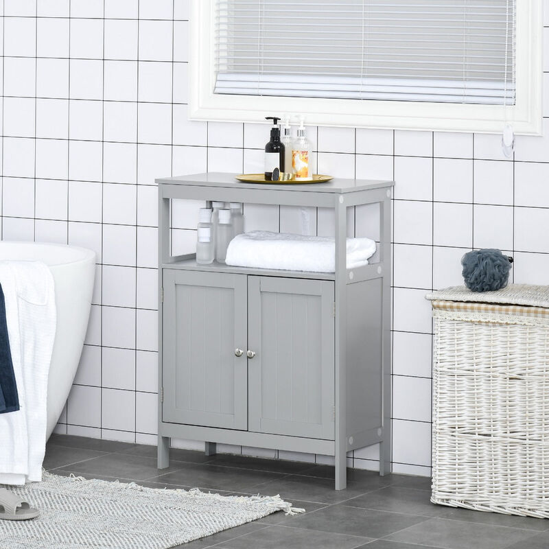 Grey Bathroom Storage: Wooden Cabinet with Double Doors