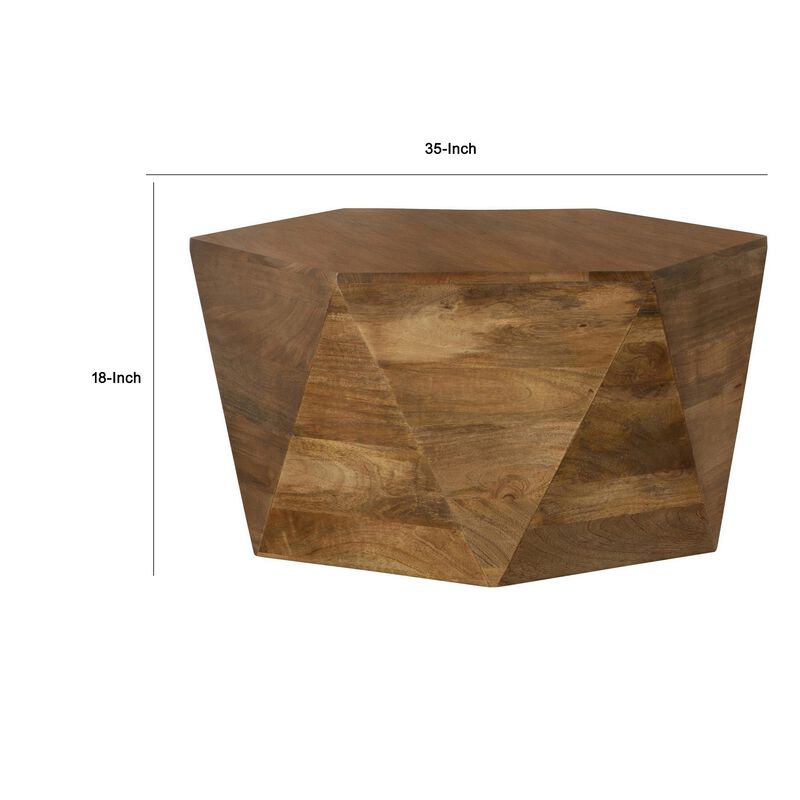 35 Inch Wood Drum Coffee Table, Artisan Hexagonal Rich Natural Brown Finish-Benzara