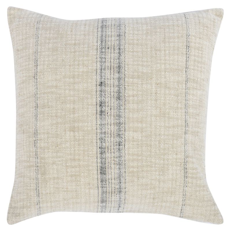 Tia 22 Inch Square Accent Throw Pillow with Woven Black Stripe, Beige Linen-Benzara