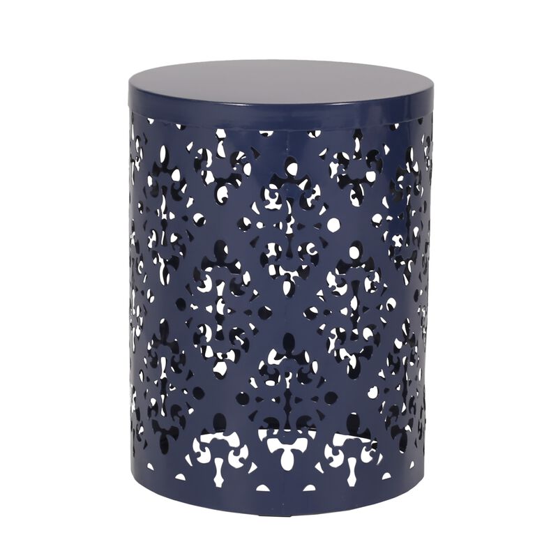 Kemo Outdoor End Table Set of 2, Round Top, Cutout Design, Navy Blue - Benzara