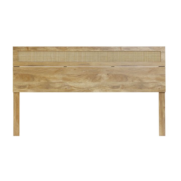 LuxenHome Oak Finish Manufactured Wood with Natural Rattan Top Headboard, King