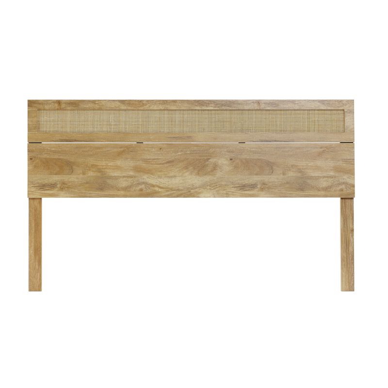 LuxenHome Oak Finish Manufactured Wood with Natural Rattan Top Headboard, King