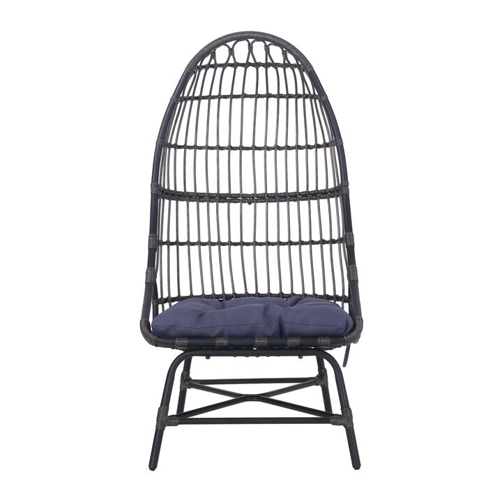 Elena Outdoor Chair, Basket Shape, Gray Fabric, Black PE Rattan, Iron - Benzara