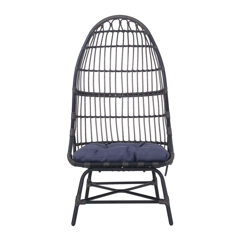 Elena Outdoor Chair, Basket Shape, Gray Fabric, Black PE Rattan, Iron - Benzara