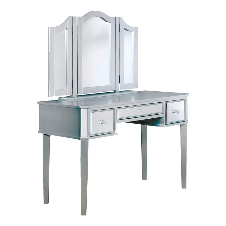 43 Inch Vanity Desk with Stool, Drawers, 3 Sided Mirrors, Silver Wood Frame - Benzara
