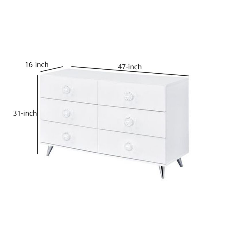 Dresser with 6 Drawers and Angled Metal Feet, White-Benzara
