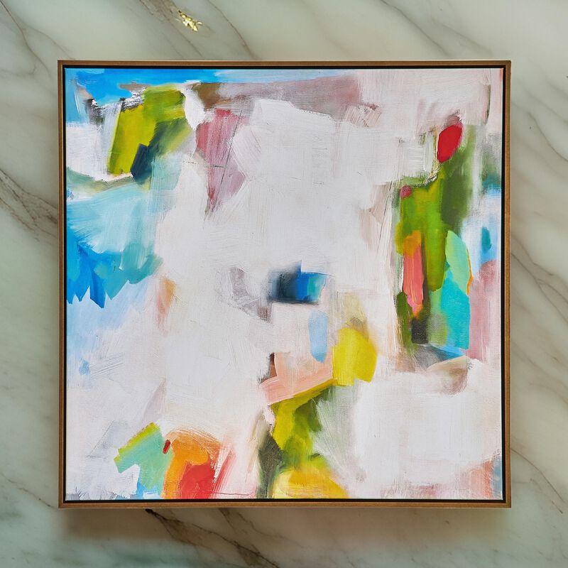 37 x 37 Handcrafted Wall Art, Isles Dream on Framed Canvas, Gold White Blue - Benzara