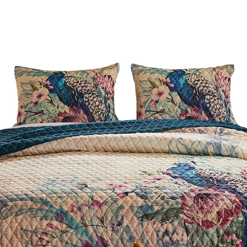 3 Piece Queen Size Quilt Set with Floral Print and Crochet Trim, Multicolor - Benzara