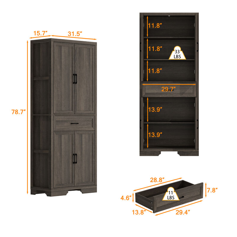FUFU&GAGA Modern Light Wood Bookshelf Cabinet – 4 Doors & 1 Drawer, Sturdy P2-Grade MDF Storage Cabinet (31.5" W x 15.7" D x 78.7" H), Light Wood