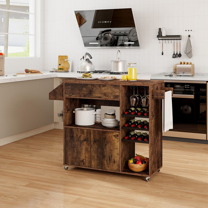 Drop Leaf Mobile Kitchen Island Cart with Power Outlet and Adjustable Shelf