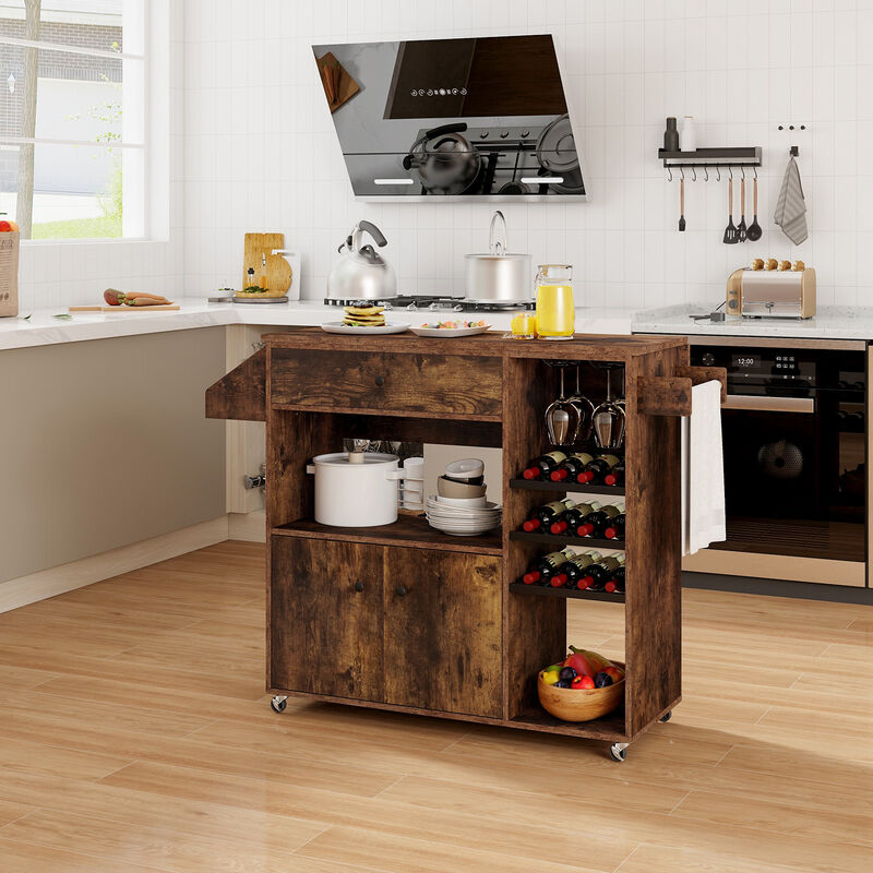 Drop Leaf Mobile Kitchen Island Cart with Power Outlet and Adjustable Shelf