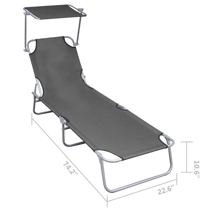 Keli Folding Chaise Lounger with Sun Canopy, Gray Aluminum, 74 Inch - Benzara