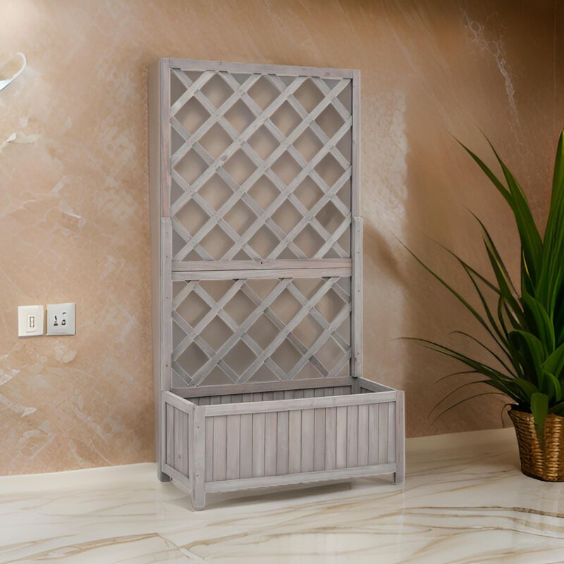 Simi Outdoor Garden Planter, Built In Trellis, 53 Inch Gray Solid Wood - Benzara