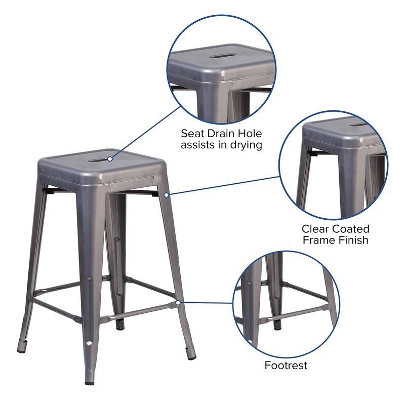 Flash Furniture Lincoln 24'' High Backless Clear Coated Metal Indoor Counter Height Stool with Square Seat