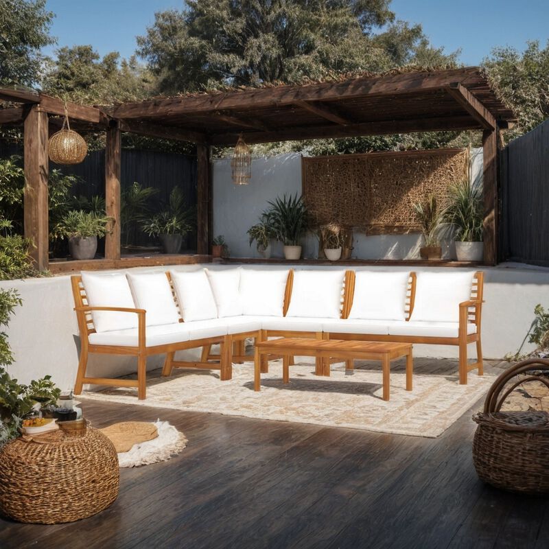 Roma 6pc Outdoor Modular Sofa and Table Set, White Fabric, Brown Wood - Benzara