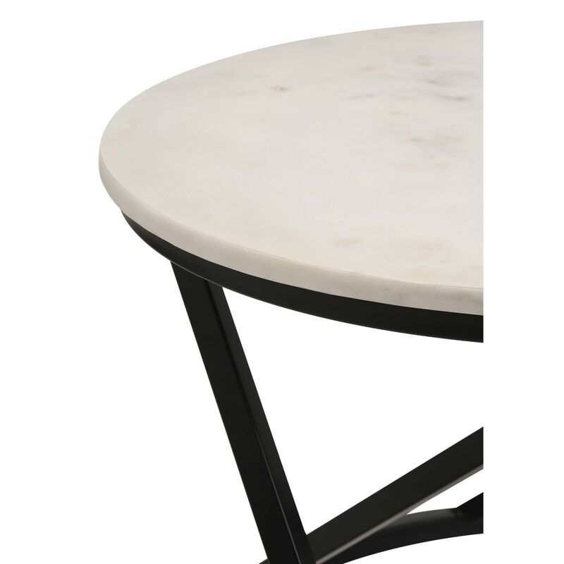 24 Inch Accent Coffee Table, White Marble Top, C Base, Black Metal Finish - Benzara