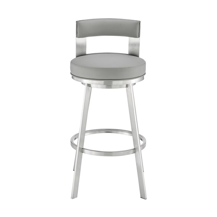 Ami 26 Inch Swivel Counter Stool Chair, Light Gray Faux Leather, Steel - Benzara