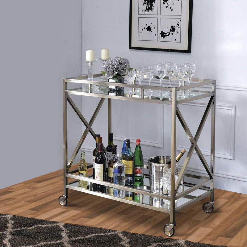 Metal Framed Two Tier Serving Cart with X Shaped Side Panels, Mirrored, Antique Gold-Benzara