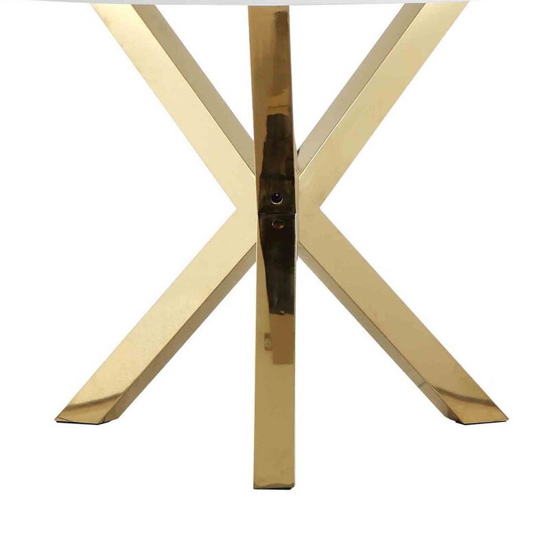Emi 47 Inch Dining Table, Round White Lacquer Top, X Twisted Gold Legs - Benzara