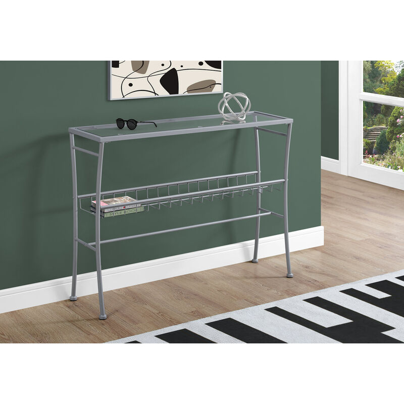 Monarch Specialties I 2128 Accent Table, Console, Entryway, Narrow, Sofa, Living Room, Bedroom, Metal, Tempered Glass, Silver, Clear, Contemporary, Modern