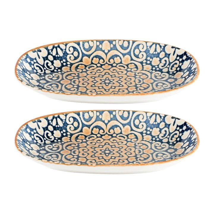 Alhambra 9.5" x 5.5" x h:1.25" Oval Decorated Porcelain Platter (Set of 2)
