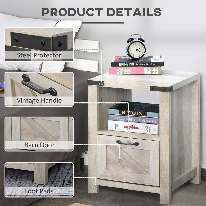 Natural Industrial Side Table: Retro End Desk with Drawer, Shelf, Big Tabletop