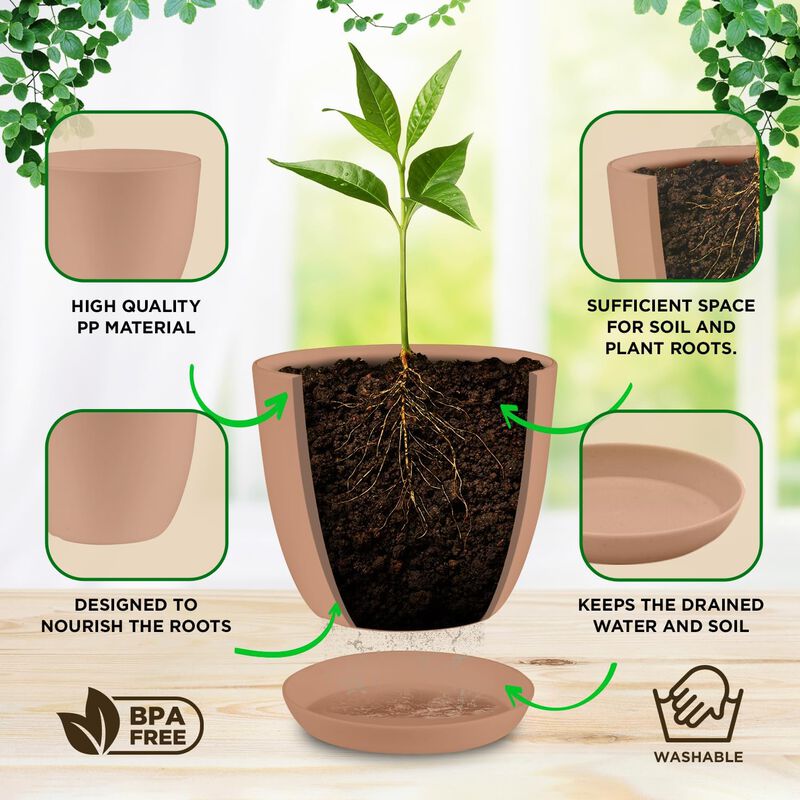 Planter Pots with Drainage Holes - Lightweight, Durable, and Space-Saving Pots for Indoor and Outdoor - Versatile Functionality, Simple Modern Design, Plastic Planter Pots