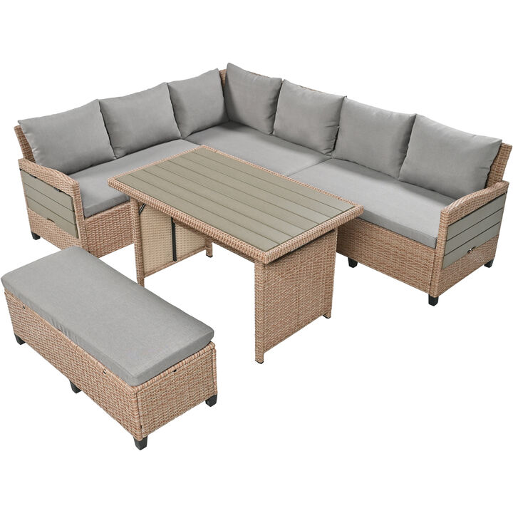 Merax Outdoor Patio Rattan Sectional Sofa Table Bench Set