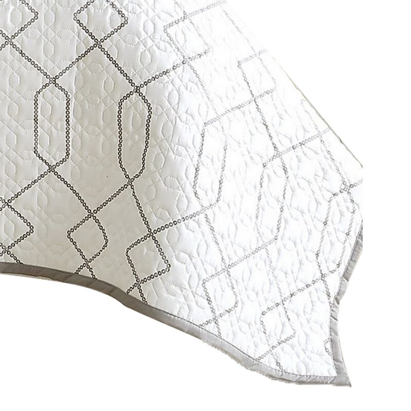 Jim 2 Piece Twin Size Reversible Coverlet Set, Geometric White and Gray - Benzara
