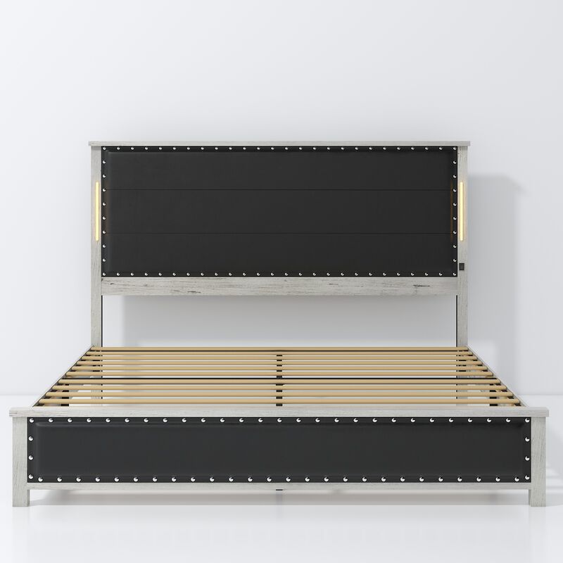 Size Bed Frame with Upholstered Headboard, Bed Frame with Charging Station and LED Lights, Wood Slats, Dark Gray Faux Leather & Rivets, No Box Spring Needed, Easy Assembly