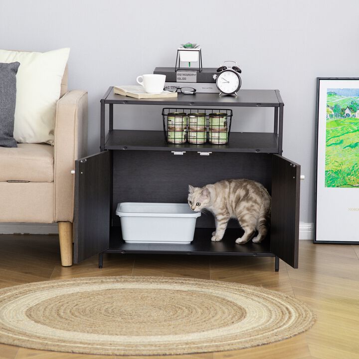 Black Pet Furniture: Cat Litter Box Enclosure Nightstand with Storage