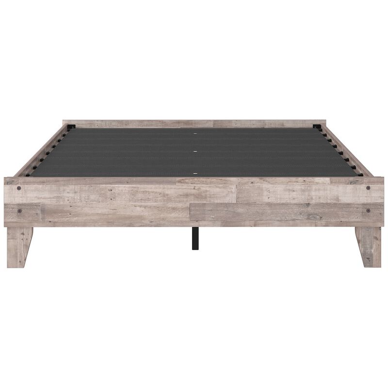 Queen Platform Bed with Butcher Block Design, Washed White-Benzara