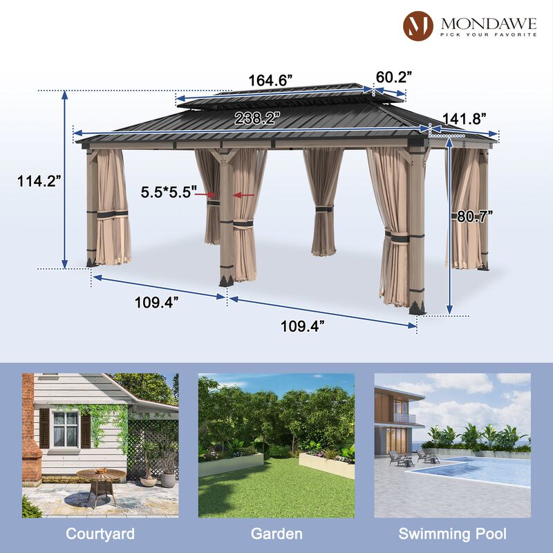 Mondawe Beverly Hills 12 ft. x 20 ft. Outdoor Fir Solid Wood Frame Patio Gazebo Canopy Shelter Galvanized Steel Hardtop with Netting And Curtain