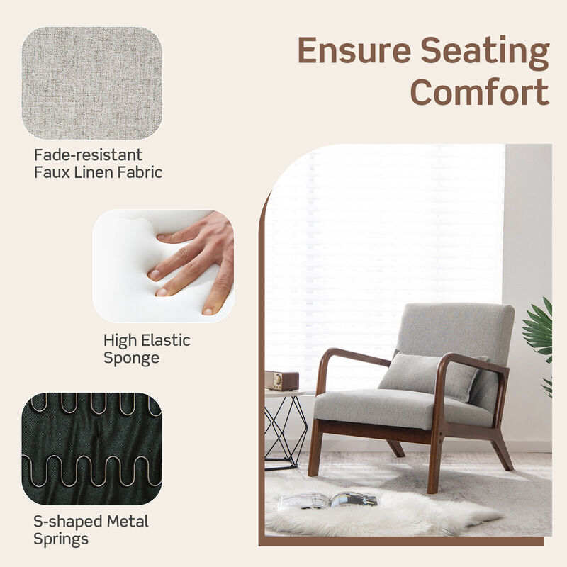 Modern Accent Chair with Rubber Wood Frame and Lumbar Pillow-Grey