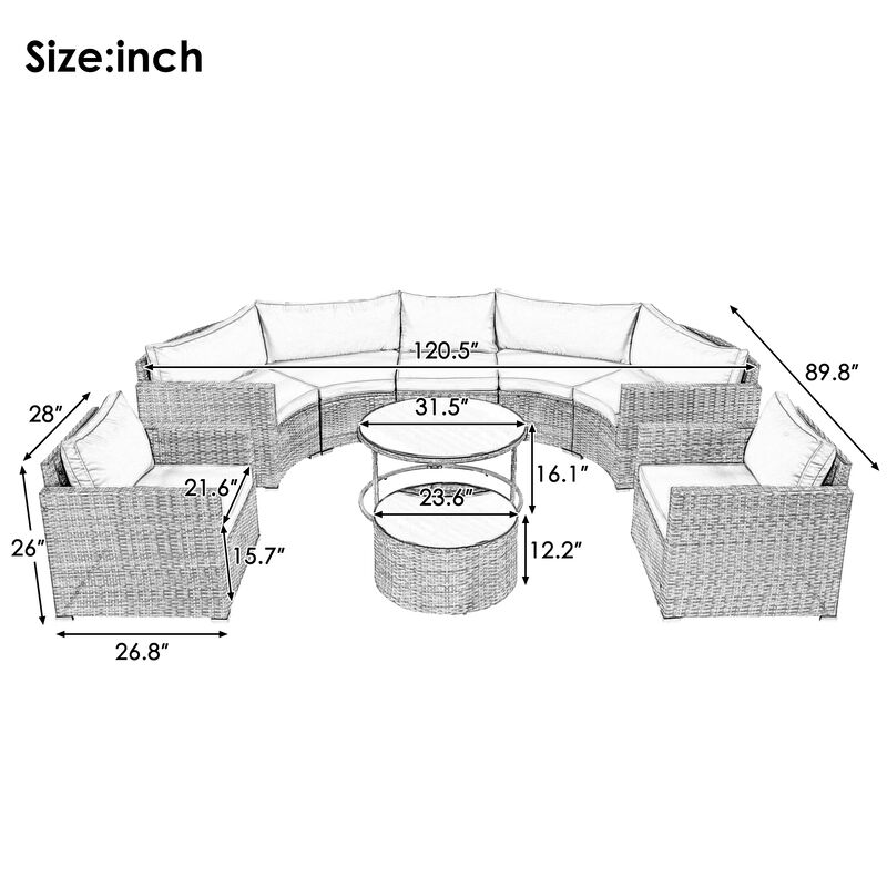Whisen Modern Style Outdoor Half-moon Patio Sofa Set, 9-Pieces Round Sofa Set - Beige