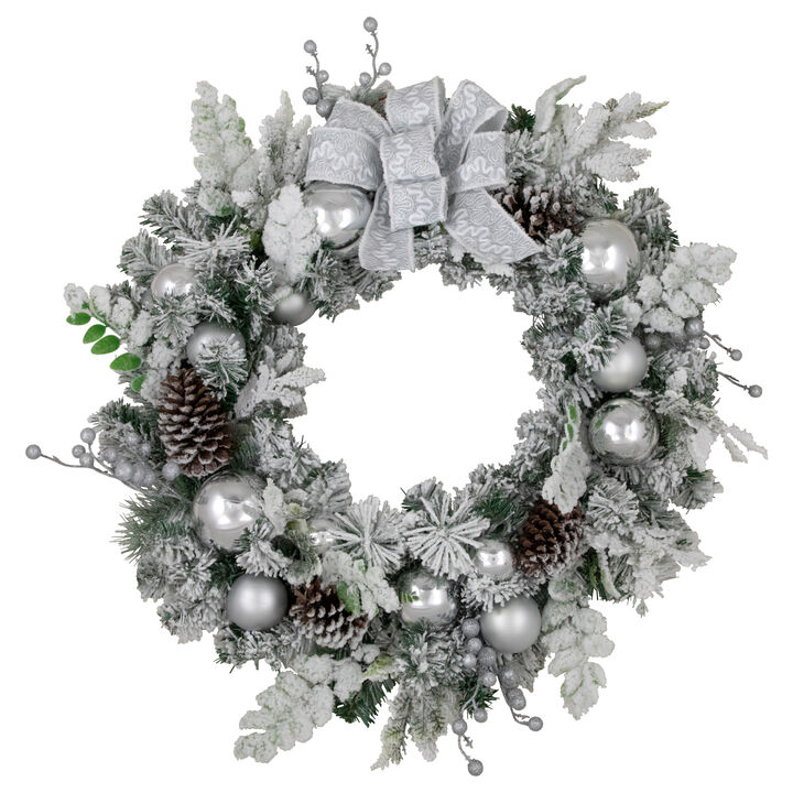 Glitter and Frosted Foliage Artificial Christmas Wreath with Bow  30-Inch  Unlit