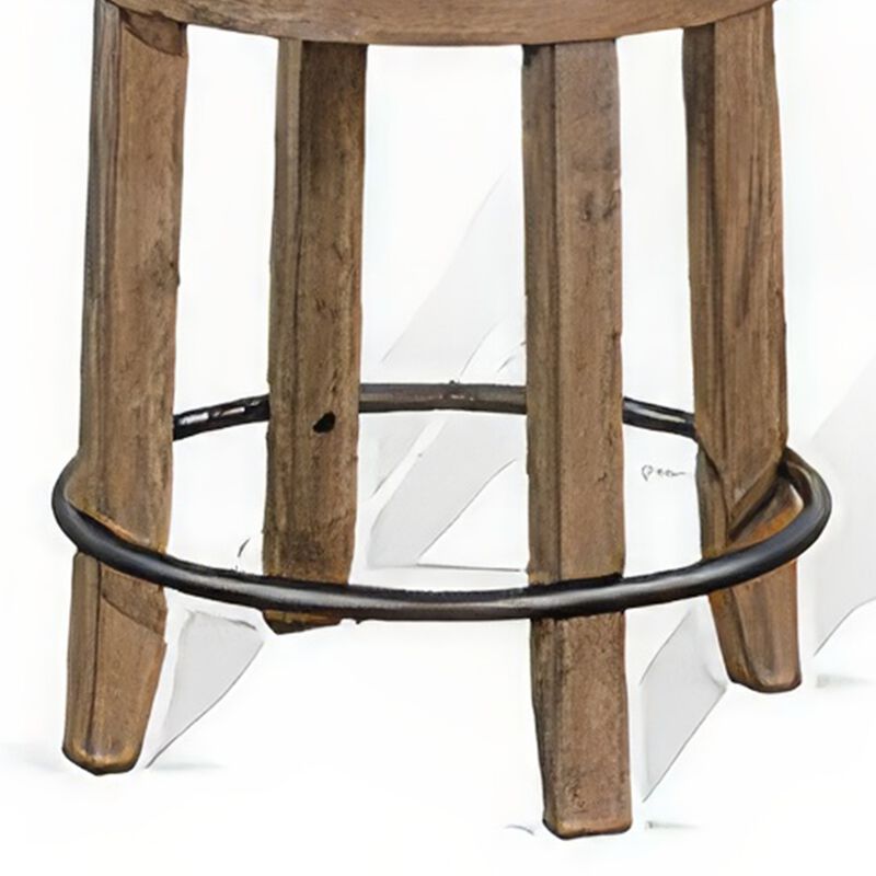 Yael Swivel Counter Stool Set of 2, Gray Faux Leather, Brown, Black - Benzara