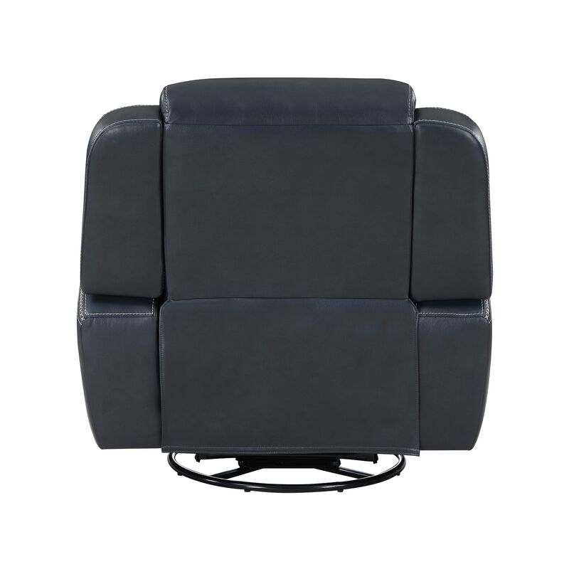 Louise 40 Inch Swivel Glider Manual Recliner Chair, Blue Faux Leather - Benzara
