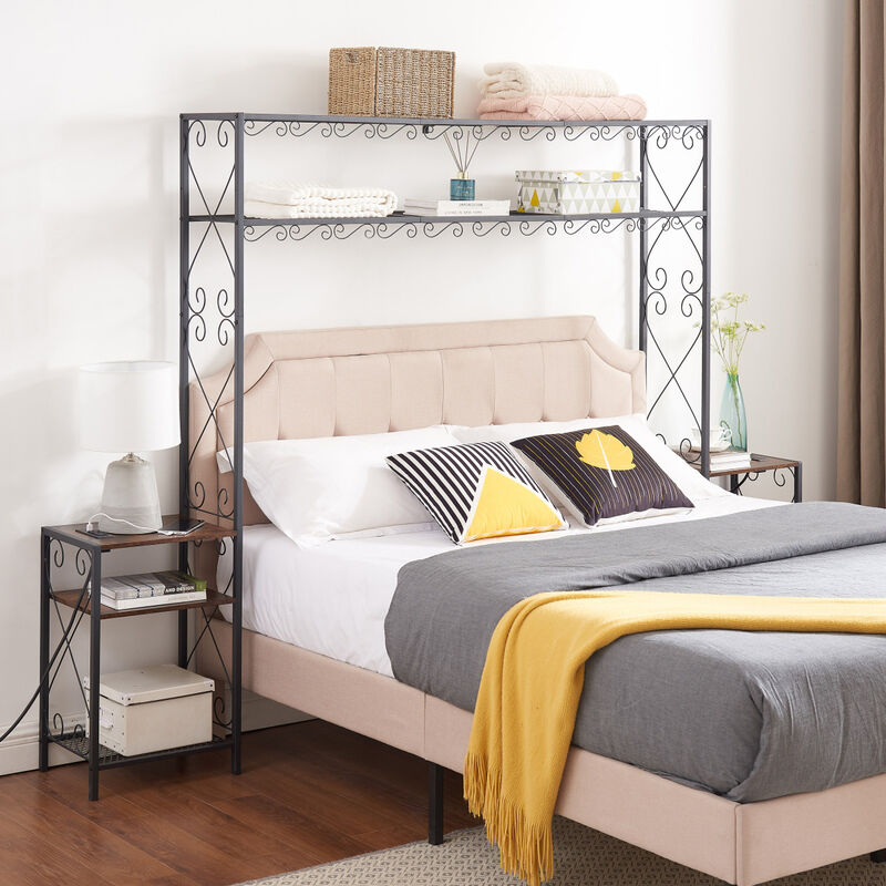 Rustic Brown Queen Bed Frame with Storage Headboard