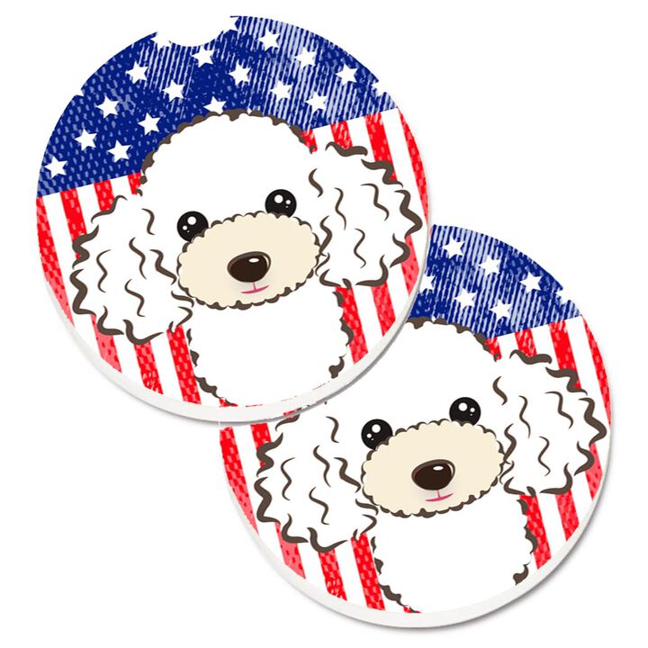 Caroline's Treasures American Flag & White Poodle Set of 2 Cup Holder Car Coasters BB2187CARC, 2.56, Multicolor