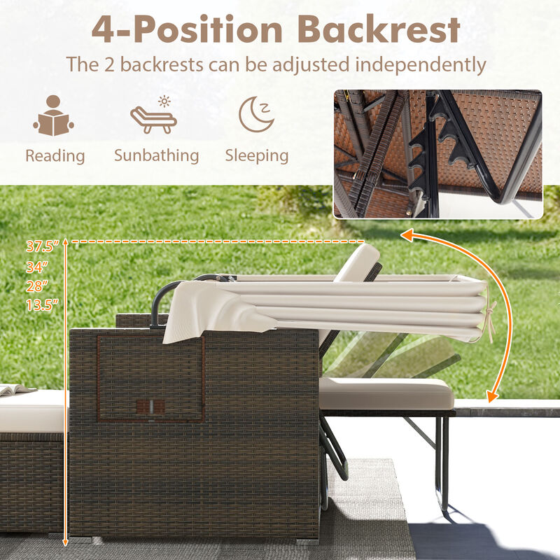 Outdoor Patio Rattan Daybed with Retractable Canopy and Adjustable Backrests