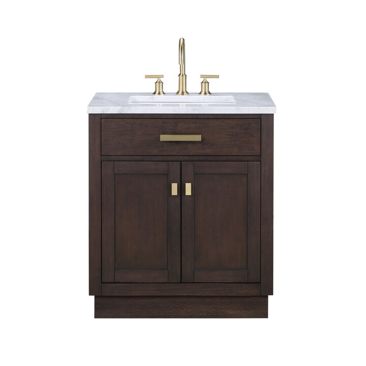 Chestnut 30 In. Single Sink Carrara White Marble Countertop Bath Vanity In Brown Oak with Satin Gold Hardware
