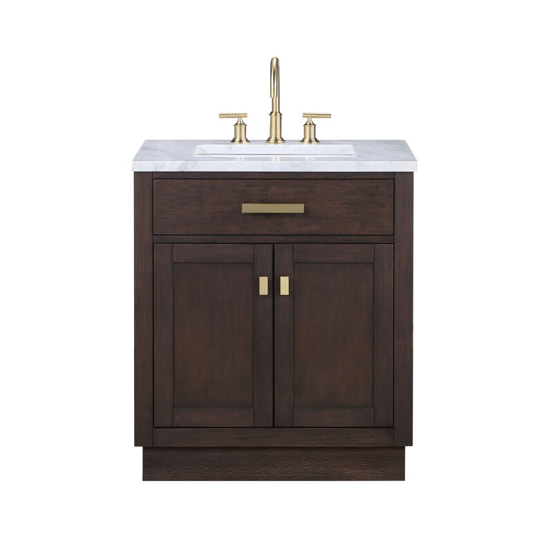 Chestnut 30 In. Single Sink Carrara White Marble Countertop Bath Vanity In Brown Oak with Satin Gold Hardware