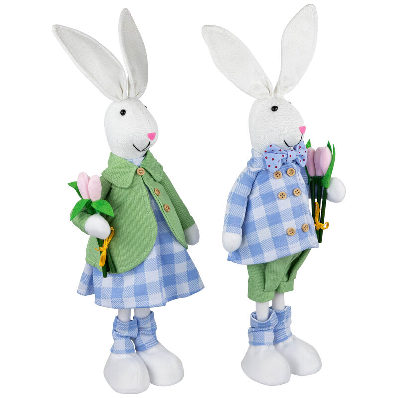 Bunny Couple in Matching Checkered Outfits Easter Figures - 18.75" - Set of 2