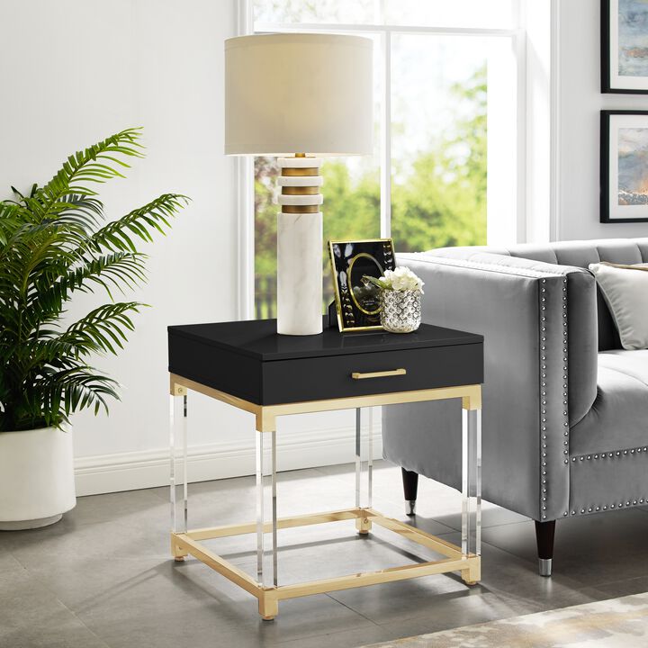 Inspired Home Kalel High Gloss 1 Drawer End Table with Acrylic Legs Stainless Steel Base