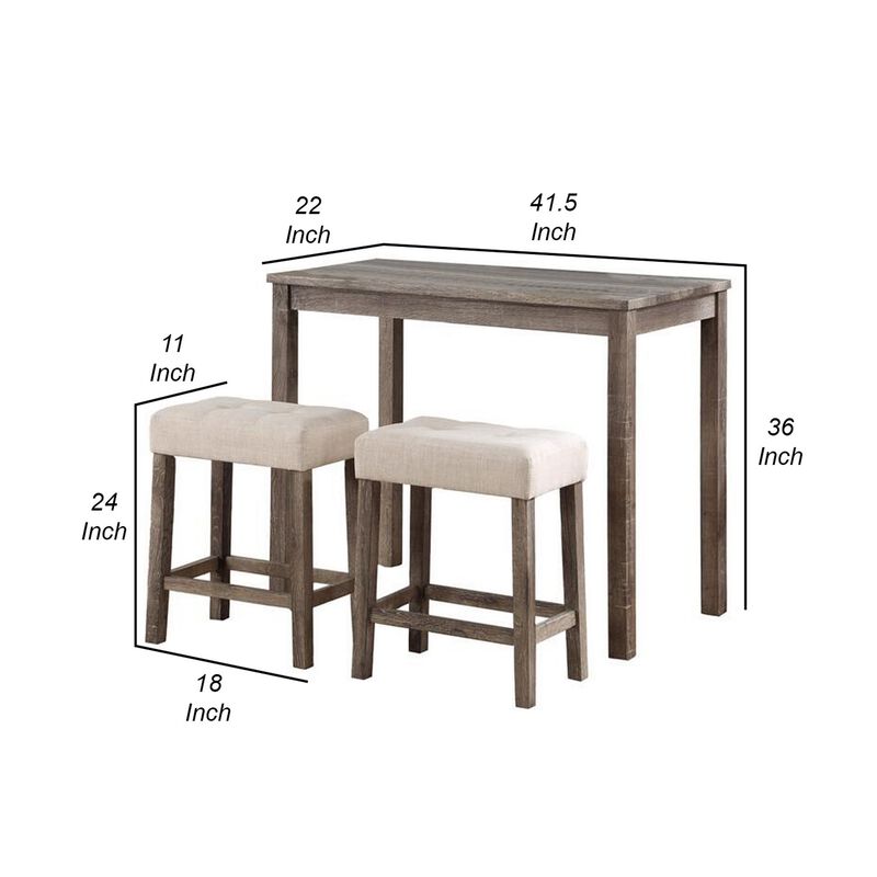 Cora 3 Piece Counter Height Table Set, Deep Tufted Stools, Brown, Beige-Benzara