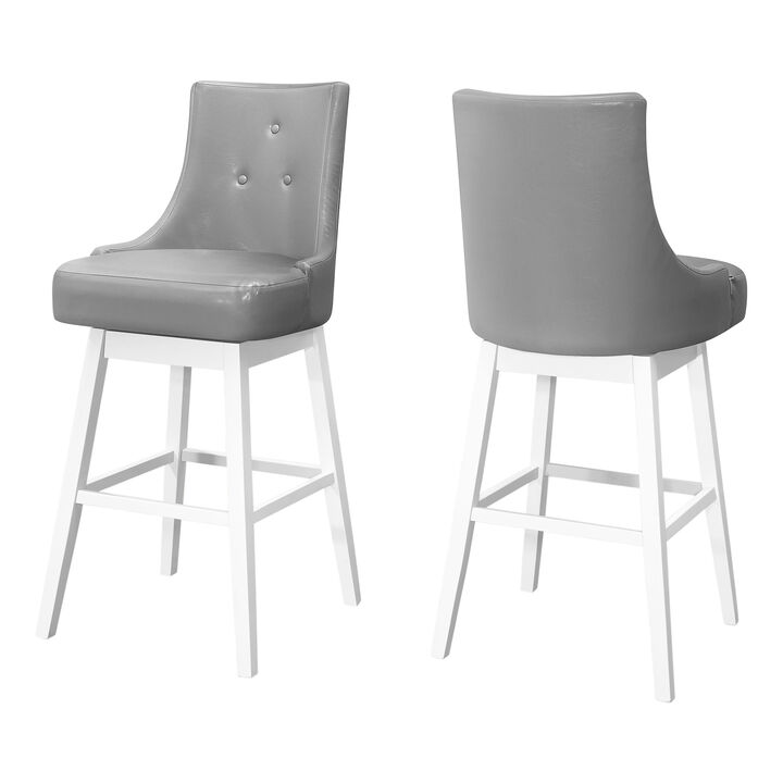 Monarch Specialties I 1243 Bar Stool, Set Of 2, Swivel, Bar Height, Wood, Pu Leather Look, Grey, White, Transitional