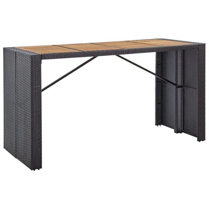 9pc Outdoor Bar Table Set with 8 Chairs Black Poly Rattan, Acacia Wood - Benzara