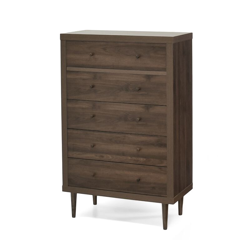 Minie Tall Dresser Chest, 5 Drawers, Rubberwood, Modern Walnut Brown - Benzara
